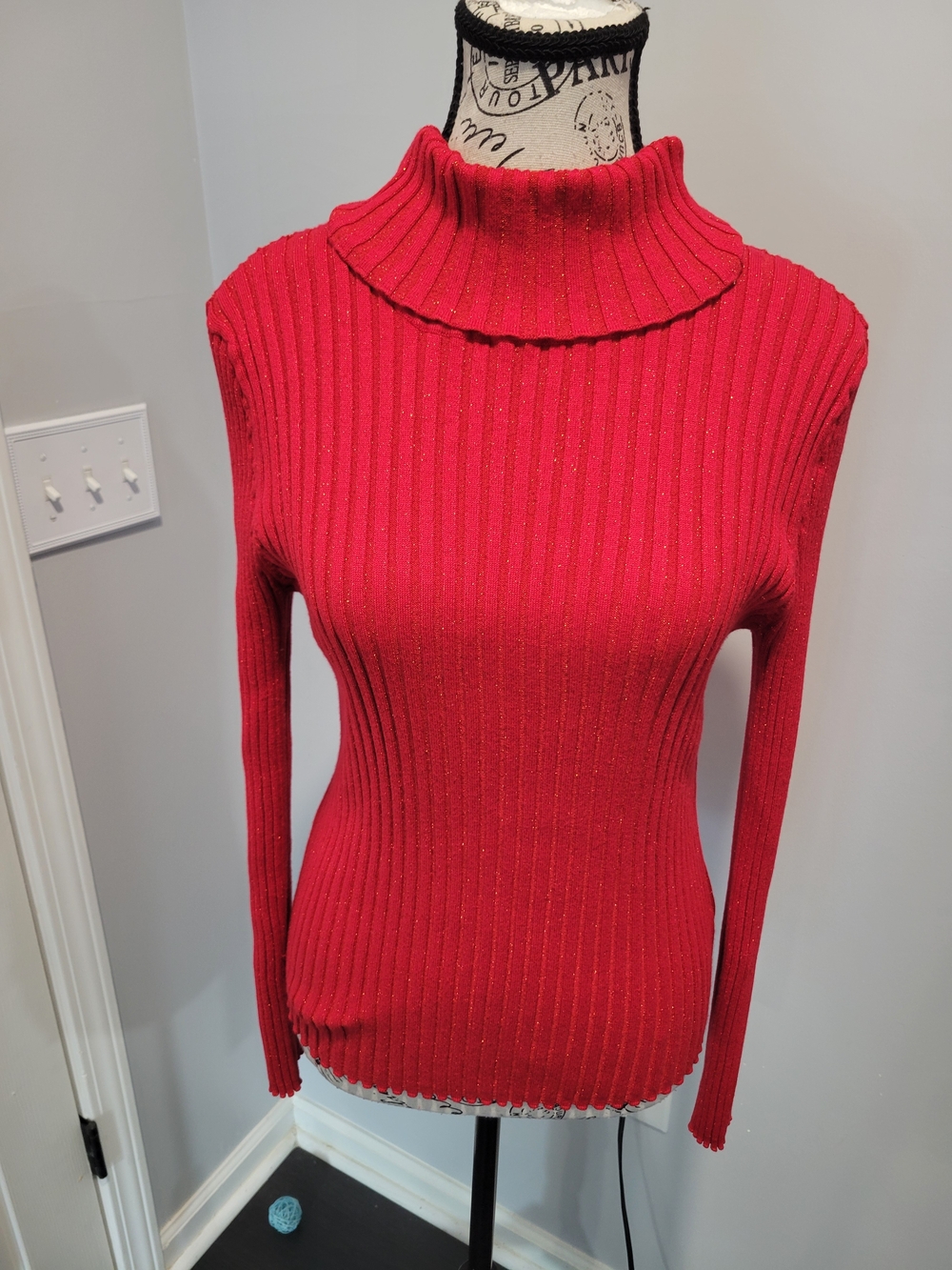 Apostrophe Red Ribbed Turtleneck Sweater with Subtle Shimmer